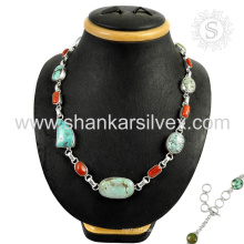 Collar magnífico de la plata de la piedra preciosa del coral y de la turquesa venta al por mayor 925 joyería india de la joyería de la plata esterlina